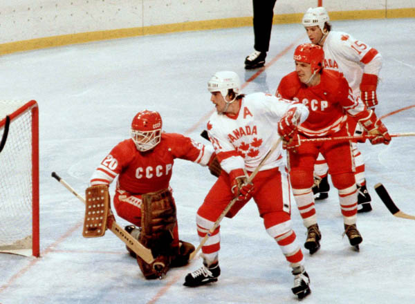 Canada's Kevin Primeau (21) and John Devaney (15) compete in hockey action against the U.S.S.R. at the 1980 Winter Olympics in Lake Placid. (CP PHOTO/ COA)