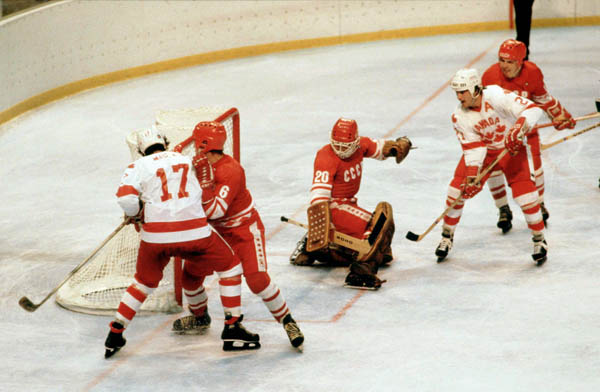 Canada's Paul McLean (17) and Kevin Primeau (21) compete in hockey action against the U.S.S.R. at the 1980 Winter Olympics in Lake Placid. (CP Photo/ COA)