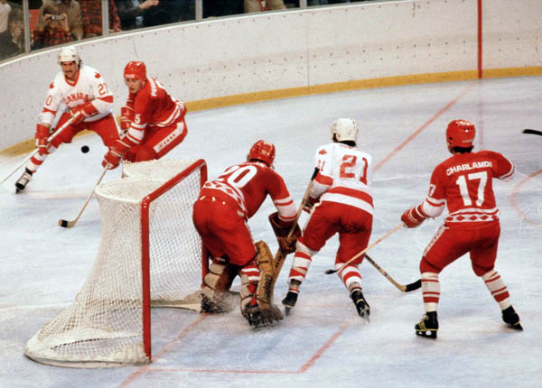 Canada's Dave Hindmarch (20) and Kevin Primeau (21) compete in hockey action against the U.S.S.R. at the 1980 Winter Olympics in Lake Placid. (CP Photo/ COA)