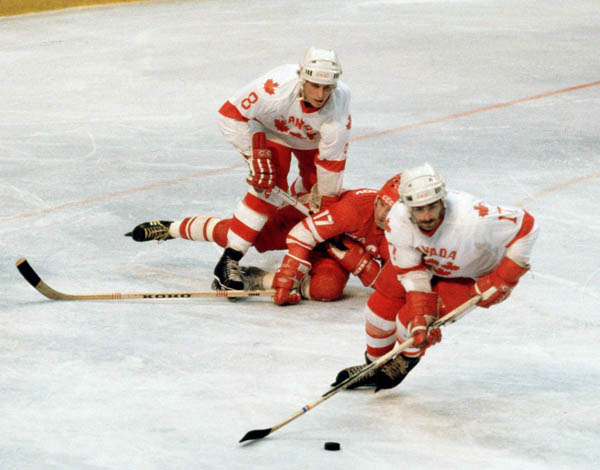 Canada's Don Spring (8) and Paul McLean (17) compete in hockey action against the U.S.S.R. at the 1980 Winter Olympics in Lake Placid. (CP Photo/ COA)