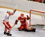 Canada's Dan D'Alvise (behind) participates in hockey action against the Netherlands at the 1980 Winter Olympics in Lake Placid. (CP PHOTO/ COA/ )