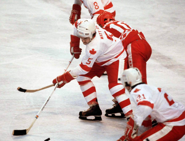 Canada's Tim Watters (5) and Kevin Primeau (21) compete in hockey action against the U.S.S.R. at the 1980 Winter Olympics in Lake Placid. (CP Photo/ COA)