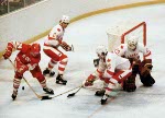 Canada's John Devaney (15) and Kevin Primeau (21) participate in hockey action against the Netherlands at the 1980 Winter Olympics in Lake Placid. (CP PHOTO/ COA/ )