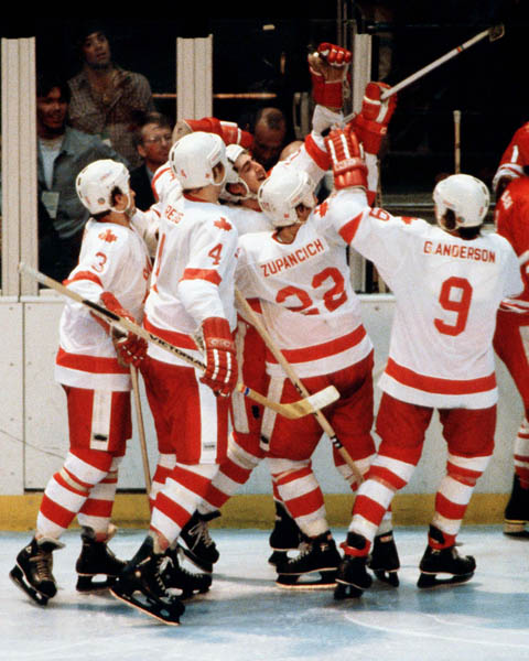 Team Canada participates in hockey action against the U.S.S.R. at the 1980 Winter Olympics in Lake Placid. (CP Photo/ COA)