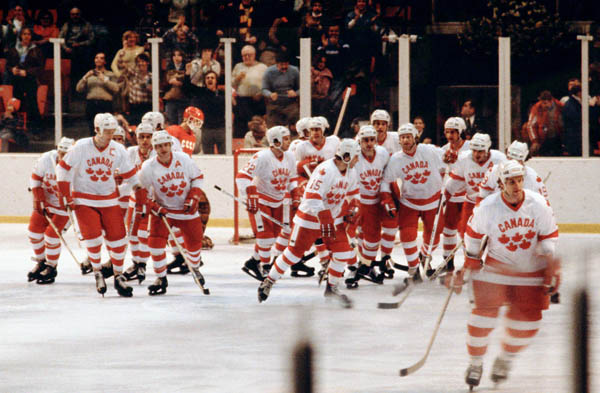 Team Canada participates in hockey action at the 1980 Winter Olympics in Lake Placid. (CP Photo/ COA)