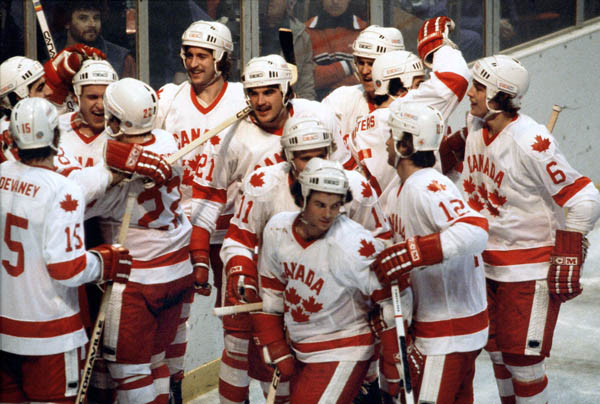 Team Canada participates in hockey action at the 1980 Winter Olympics in Lake Placid. (CP Photo/ COA)