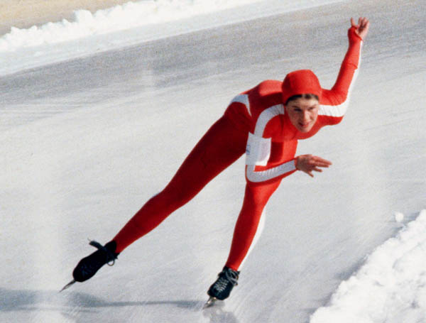 Kathy Vogt du Canada participe  une preuve de patinage de vitesse aux Jeux olympiques d'hiver de Lake Placid de 1980.  (Photo PC/AOC)