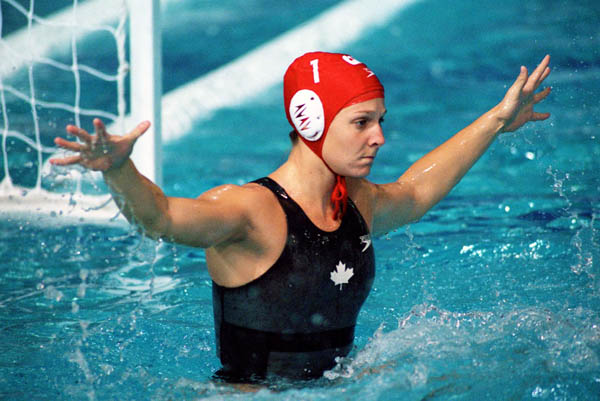 Canada's Josee Marsolais defends the goal during a women's waterpolo preliminary match at the 2000 Sydney Olympic Games. (CP Photo/COA)