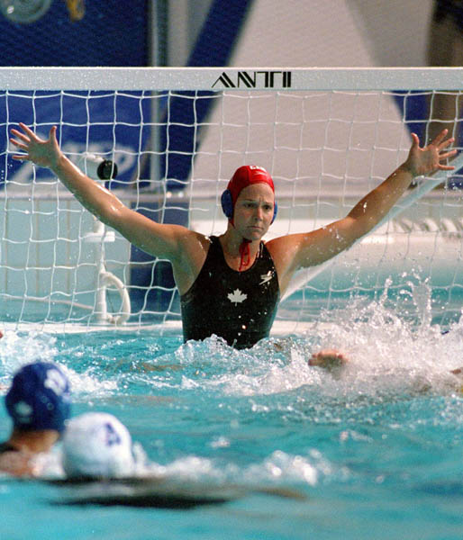 Canada's netminder Josee Marsolais guards her net during women's waterpolo preliminary action at the 2000 Sydney Olympic Games. (CP Photo/COA)