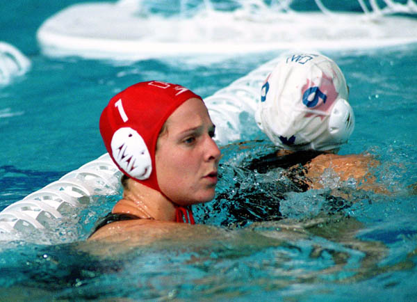 Canada's Josee Marsolais (1) participates in women's waterpolo preliminary action at the 2000 Sydney Olympic Games. (CP Photo/COA)