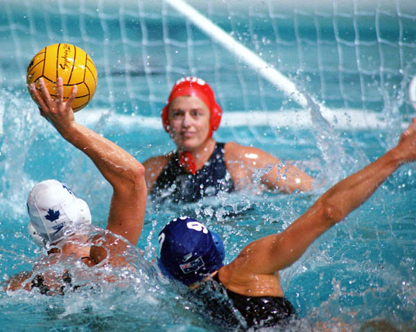 Canada's Jana Salat (10) participates in women's waterpolo preliminary action at the 2000 Sydney Olympic Games. (CP Photo/COA)