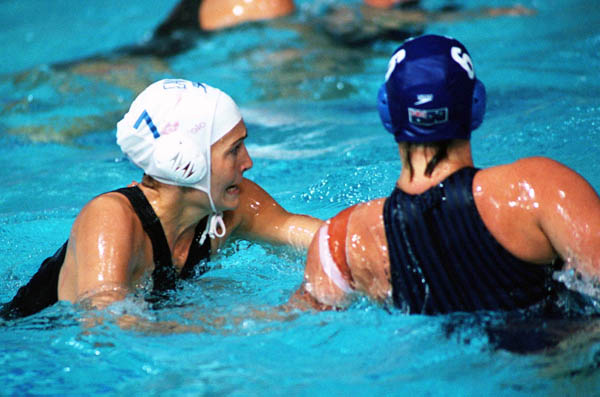 Canada's Cora Campbell (7) participates in women's waterpolo preliminary action at the 2000 Sydney Olympic Games. (CP Photo/COA)