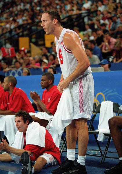 Canada's Pete Guarasci yells encouragements to his teammates during basketball action  at the 2000 Sydney Olympic Games. (CP Photo/ COA)