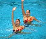 Canada's Claire Carver-Dias (front) and Fanny Letourneau prepare to compete in the synchronized swimming portion of the 2000 Sydney Olympic Games. (CP Photo/ COA)