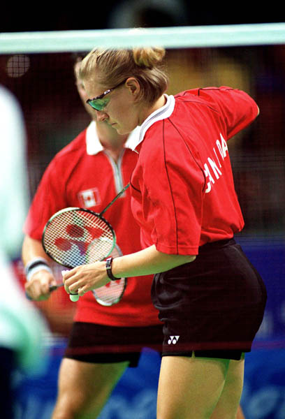 Canada's Milaine Cloutier competes in the mixed doubles badminton event at the 2000 Sydney Olympic Games. (CP Photo/ COA)