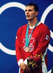 Canada's Curtis Myden celebrates his bronze medal in the 400 metre individual medley at the 2000 Sydney Olympics Games. (CP PHOTO/COA)