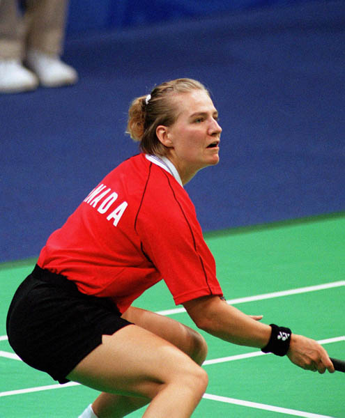 Canada's Milaine Cloutier competes in the women's doubles badminton event at the 2000 Sydney Olympic Games. (CP Photo/ COA)