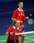 Canada's Milaine Cloutier and Robbyn Hermitage compete in the women's doubles badminton portion of the Sydney 2000 Olympic Games(CP PHOTO/ COA)