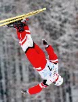 Jeff Bean of Ottawa celebrates landing his second jump to finish fourth in the men's aerials final at Deer Valley, Utah during the Winter Olympics, Tues., Feb. 19, 2002.  Bean was the top Canadian.  (CP PHOTO/COA/Mike Ridewood)