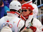 Canada's Andy Capicik (left) and Tammy Bradley exchange words during aerials at the freestyle ski event at the 1998 Nagano Winter Olympic Games. (CP Photo/ COA/Mike Ridewood)