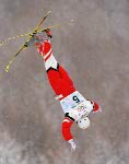 Andy Capicik of Vancouver flies through the air to finish eighth in the men's aerials final at Deer Valley, Utah during the Winter Olympics, Tues., Feb. 19, 2002.    (CP PHOTO/COA/Mike Ridewood)