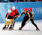 Canada's Christine Boudrias and Annie Perreault participate in the short track speed skating event at the 1998 Nagano Winter Olympic Games. (CP Photo/ COA/ Scott Grant)