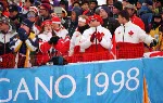 Canada's freestyle skiing coaches cheer on their team at the 1998 Nagano Winter Olympic Games. (CP Photo/ COA/Mike Ridewood)