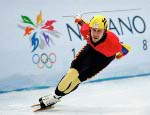 Canada's Marc Gagnon (109) competes in the short track speed skating event at the 1998 Nagano Winter Olympic Games. (CP Photo/ COA/ Scott Grant)