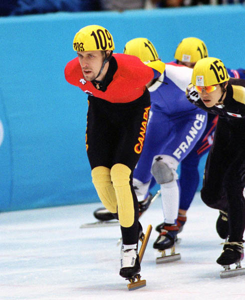 Canada's Marc Gagnon (109) competes in the short track speed skating event at the 1998 Nagano Winter Olympic Games. (CP Photo/ COA/ Scott Grant)