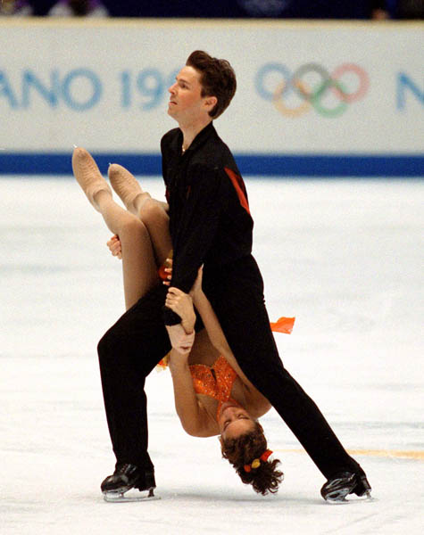 Canada's figure skating couple Chantal Lefebvre and Michel Brunet participate in the ice dance event at the 1998 Winter Olympics in Nagano. (CP PHOTO/COA)