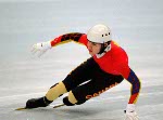 Canada's Annie Perreault (8) competes in the short track speed skating event at the 1998 Nagano Winter Olympic Games. (CP Photo/ COA/ Scott Grant)