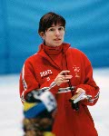 Canada's short track speed skating head coach Nathalie Grenier gives out instructions at the 1998 Nagano Winter Olympic Games. (CP Photo/ COA/ Scott Grant)