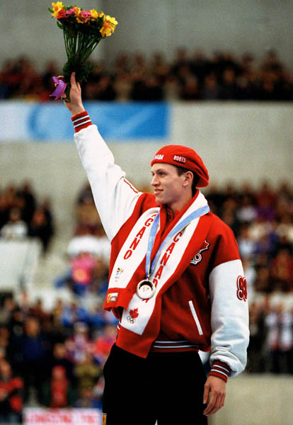 Canadians Jeremy Wotherspoon celebrates his silver medal win in the long track speed skating event at the 1998 Nagano Winter Olympics. (CP PHOTO/COA)