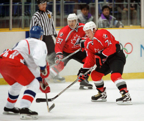 Canada's Eric Desjardins (37) and Theoren Fleury (74) compete in hockey action against the Czech Republic at the 1998 Winter Olympics in Nagano. (CP Photo/COA/ F. Scott Grant )