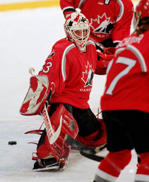 Canada's Manon Rheaume competes in women hockey action at the 1998 Nagano Winter Olympics. (CP PHOTO/COA/Mike Ridewood)