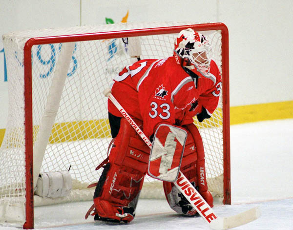 Canada's Manon Rheaume competes in women hockey action at the 1998 Nagano Winter Olympics. (CP PHOTO/COA/Mike Ridewood)