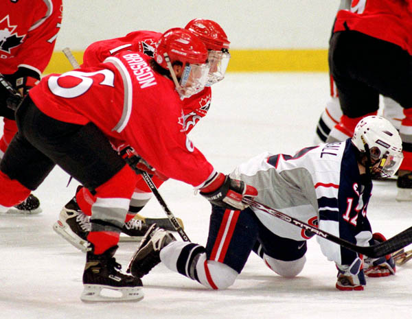 Canada's Therese Brisson (6) competes in the women hockey action against the United States at the 1998 Nagano Winter Olympics. (CP PHOTO/COA/F. Scott Grant)