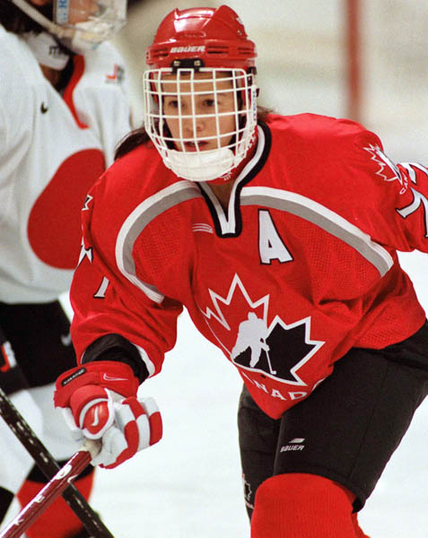 Canada's Cassie Campbell competes in women hockey action against Japan at the 1998 Nagano Winter Olympics. (CP PHOTO/COA/Mike Ridewood)