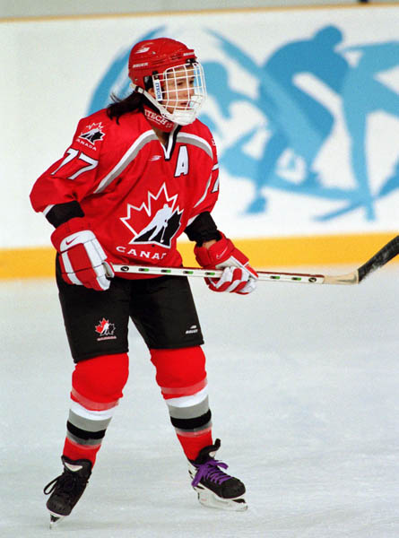 Canada's Cassie Campbell competes in the women hockey action at the 1998 Nagano Winter Olympics. (CP PHOTO/COA/Mike Ridewood)