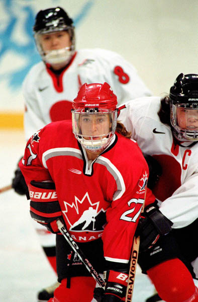Canada's Laura Schuler (27) competes in women hockey action against Japan at the 1998 Nagano Winter Olympics. (CP PHOTO/COA/Mike Ridewood)