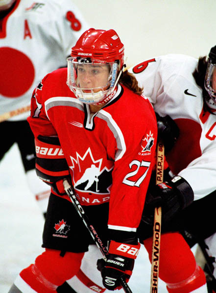 Canada's Laura Schuler (27) competes in women hockey action against Japan at the 1998 Nagano Winter Olympics. (CP PHOTO/COA/Mike Ridewood)