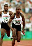 Canada's men's 4x100m relay gold medal winners (left to right) Bruny Surin, Glenroy Gilbert, Donovan Bailey and Robert Esmie celebrate at the 1996 Atlanta Summer Olympic Games. (CP PHOTO/COA/Claus Andersen)