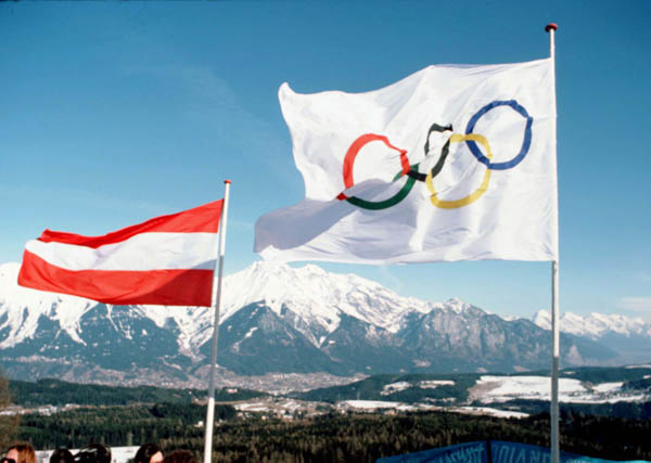 The Olympic Flag is shown at the 1976 Winter Olympics in Innsbruck, Austria. (CP Photo/COA)