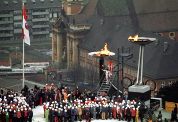 The Olympique flame is lit during opening ceremonies of the 1976 Winter Olympics in Innsbruck. (CP Photo/COA)