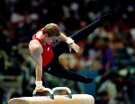 Canada's Kris Burley competes in a gymnastics event at the 1996 Atlanta Summer Olympic Games. (CP Photo/COA/Claus Andersen)