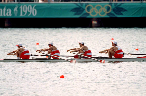 Canada's Men's 4x rowing team, Brian Peaker, Gavin Hassett, Dave Boyes and Jeff Lay, competes at the 1996 Atlanta Summer Olympic Games. (CP Photo/COA/Claus Andersen)