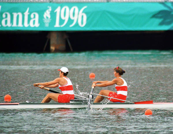 Canada's Anna Van Der Kamp (left) and Emma Robinson compete in the women's 2x rowing event at the 1996 Atlanta Summer Olympic Games. (CP Photo/COA/Mike Ridewood)