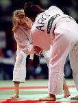 Canada's Nathalie Gosselin (bottom) competing in the Judo event at the 1996 Atlanta Summer Olympic Games. (CP PHOTO/COA/Scott Grant)