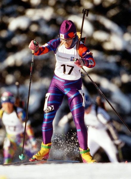 Canada's Kristin Berg competes in the biathlon event at the 1994 Lillehammer Olympic winter Games. (CP Photo/COA/Ted Grant)