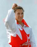 Canada's Caroline Brunet celebrates her silver medal win in the K-1 kayak event at the 1996 Atlanta Summer Olympic Games. (CP Photo/COA/Mike RIdewood)